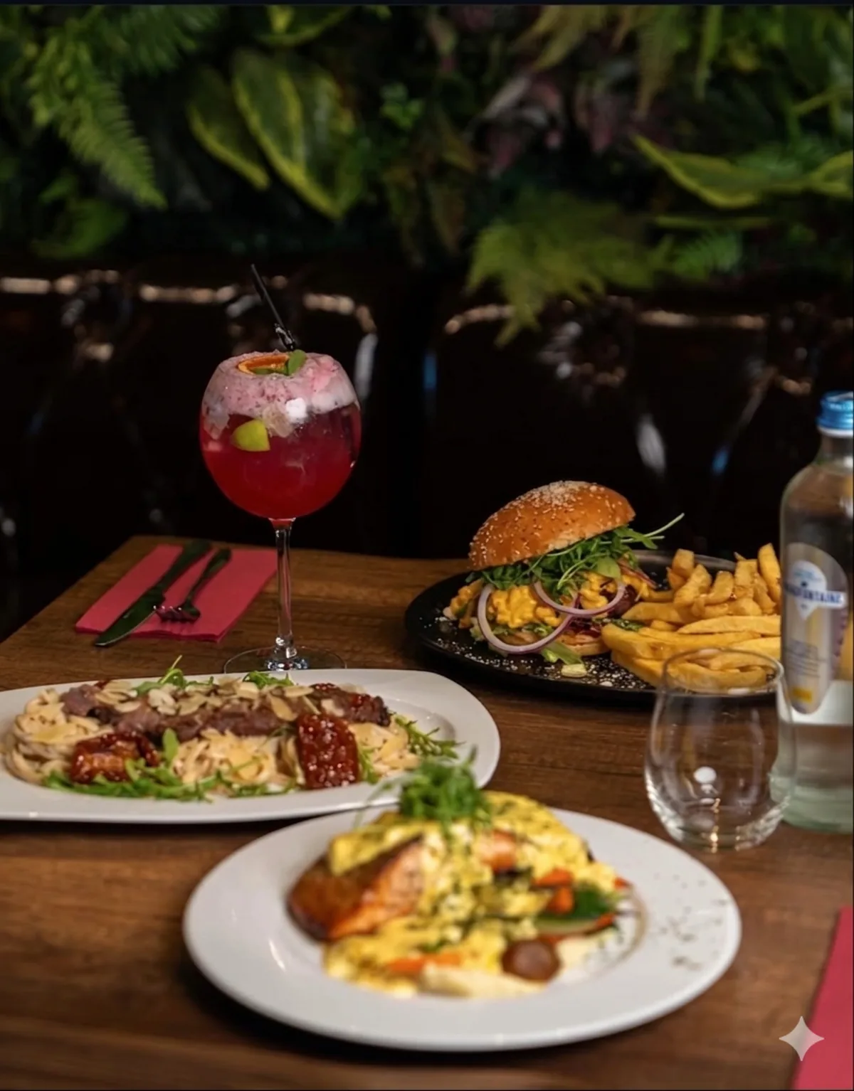 Linguine truffe steak, burger signature et pavé saumon — service du soir au Manhattan Grill.