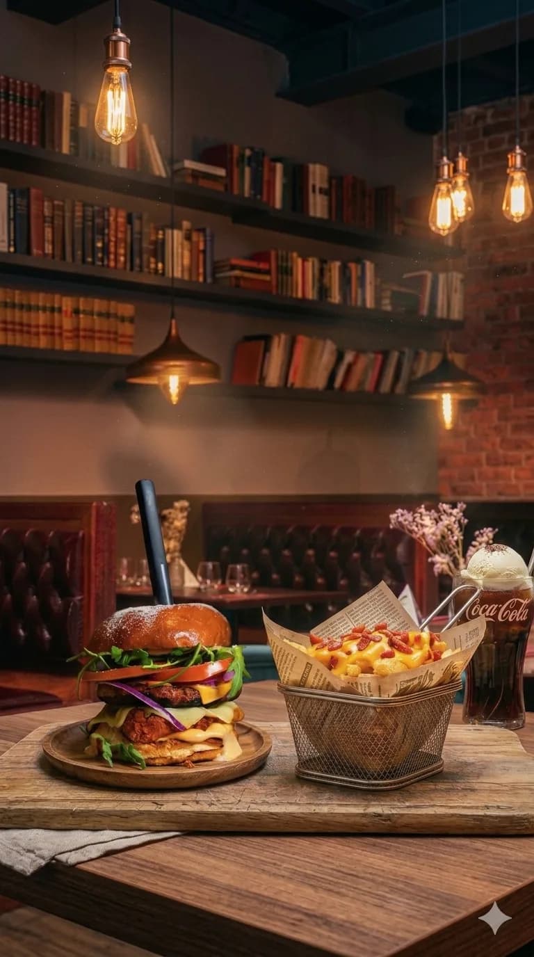 Burger Manhattan, frites bacon cheddar et Coca-Cola servis dans la salle du Manhattan Grill.